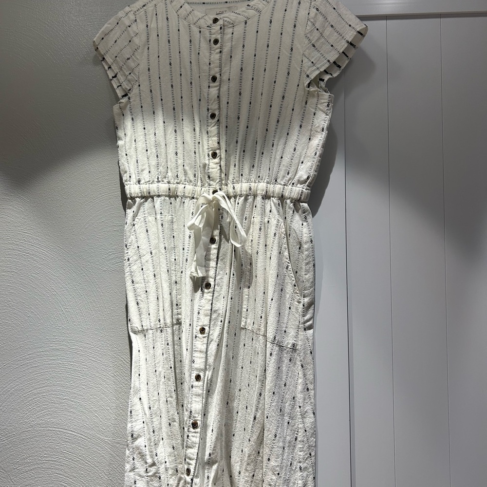 LOFT White Buttoned Ruffled Midi Dress